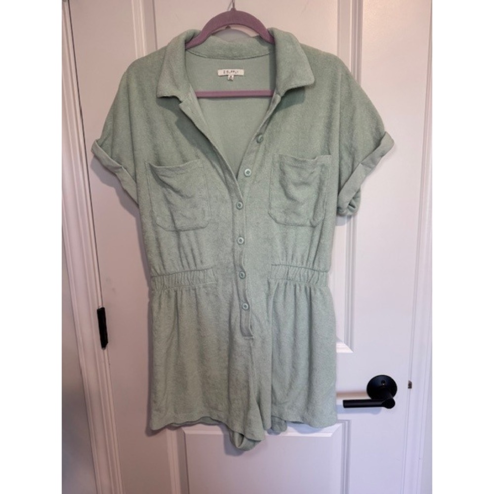Z Supply Romper Women Medium Green Towel Terry Cloth Button Up Pockets‎